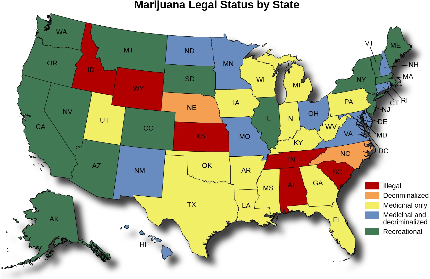 A map of the Unites States titled “Marijuana Legal Status by State”. The map shows in which states marijuana is illegal, decriminalized, medicinal only, medicinal and decriminalized, and recreational. Marijuana is illegal in Idaho, Wyoming, South Dakota, Kansas, Texas, Iowa, Wisconsin, Indiana, Kentucky, Tennessee, Alabama, Georgia, Virginia, and South Carolina. Marijuana is decriminalized in Nebraska, Mississippi, and North Carolina. Marijuana is medicinal only in Montana, Utah, Arizona, New Mexico, North Dakota, Oklahoma, Arkansas, Louisiana, Florida, West Virginia, Pennsylvania, and New Jersey. Marijuana is medicinal and decriminalized in Minnesota, Missouri, Illinois, Ohio, New York, Delaware, Maryland, the District of Columbia, New Hampshire, Connecticut, and Rhode Island. Marijuana is recreational in Washington, Oregon, California, Nevada, Alaska, Colorado, Michigan, Vermont, Maine, and Massachusetts.