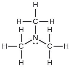 The chemical structure of trimethylamine, featuring a central nitrogen atom bonded to three methyl groups and a lone pair of electrons.