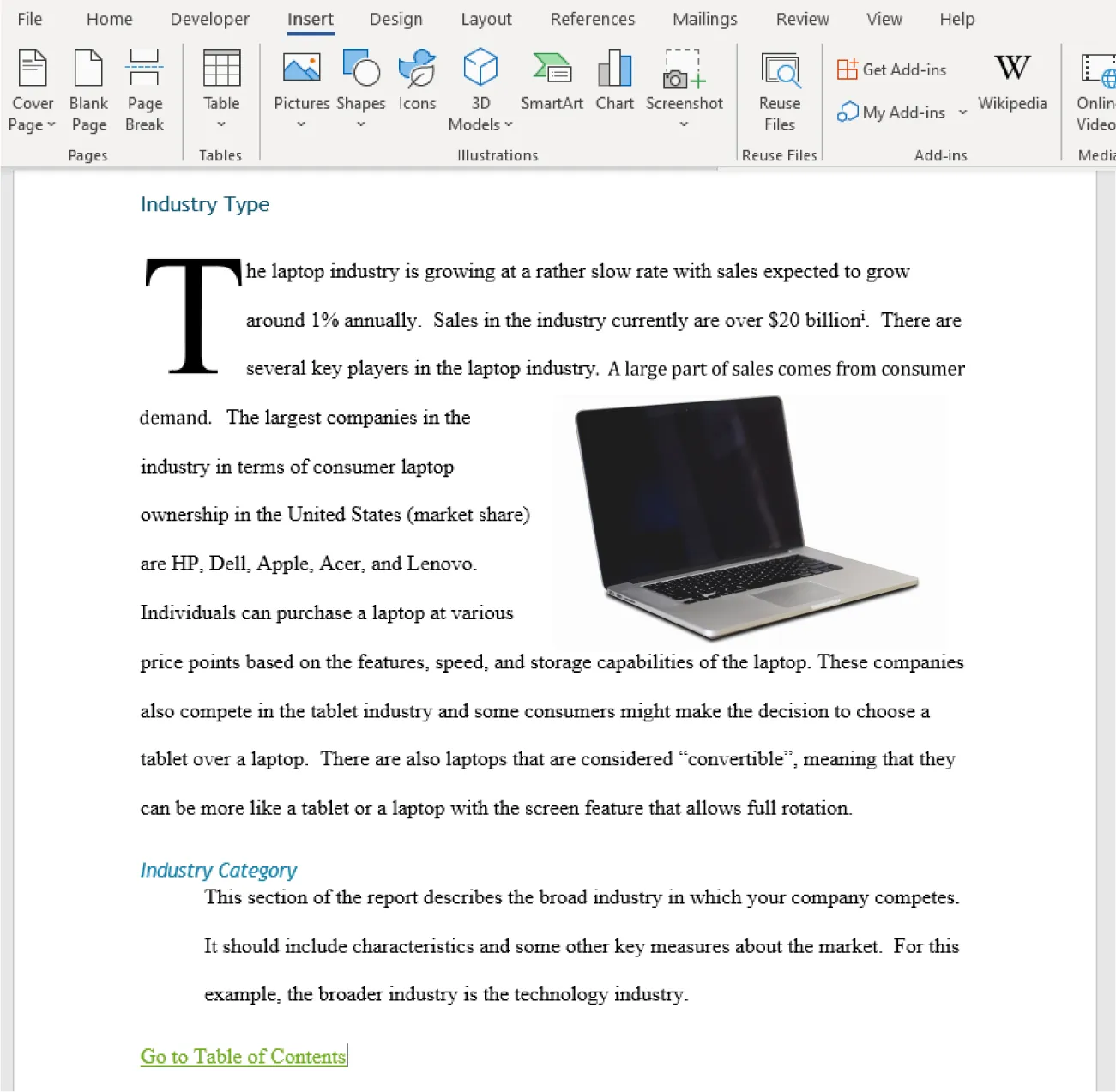 Go to Table of Contents is located at the bottom left of the document in a green font and hyperlinked.