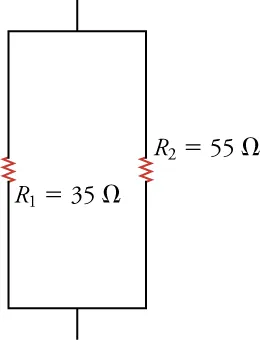 This shows a vertical parallel circuit. In the middle of either side there are resistors. The left resistor is labeled R1 = 35Ω. The right resistor is labeled R1 = 55Ω