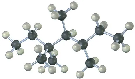 A ball and stick model of a hydrocarbon that includes a central methine group, which is bonded to a methyl group at the top.