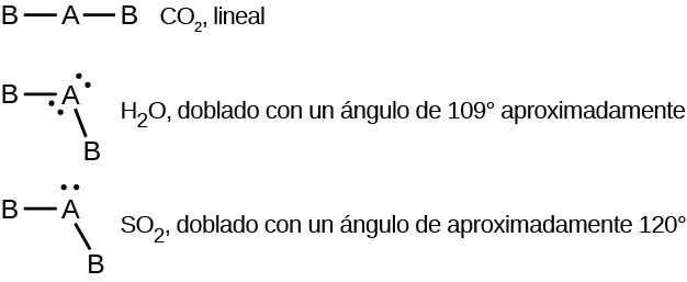 Se muestran tres diagramas de Lewis. El primer diagrama muestra la letra A unida con enlace simple a la izquierda y a la derecha a la letra B. Al lado de este diagrama está escrito "C O subíndice 2" y el término "lineal". El segundo diagrama muestra la letra A con dos pares solitarios de electrones, con un enlace simple a la izquierda y otro abajo a la derecha con la letra B. Al lado de este diagrama está escrito "H subíndice 2 O" y el término "doblado con un ángulo de aproximadamente 109 grados". El tercer diagrama muestra la letra A con un par solitario de electrones, con un enlace simple a la izquierda y otro inferior a la derecha con la letra B. Al lado de este diagrama se escribe "S O subíndice 2" y el término "doblado con un ángulo de aproximadamente 120 grados".