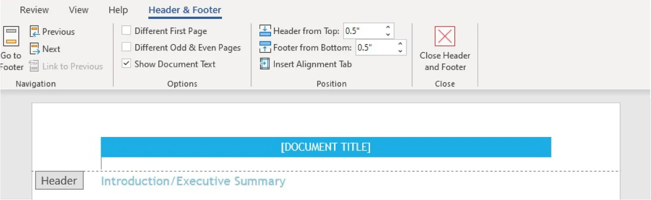 Header & Footer tab is selected; various command groups visible. Top of document displays horizontal box header with [Document Title] inside. Gray Header button and dashed line are visible under the header.