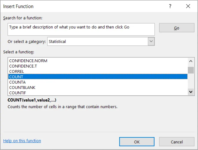Insert Function pane displays options. Select a function displays multiple options for selection (COUNT selected). Counts the number of cells in a range that contains numbers. reads at bottom.