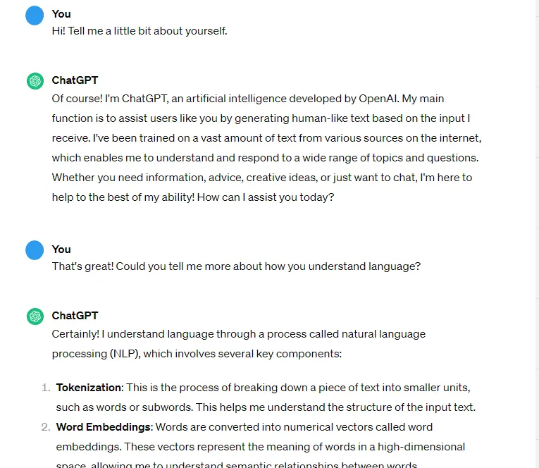 A screenshot of a ChatGPT conversation using the prompt: “Hi! Tell me a little bit about yourself.”