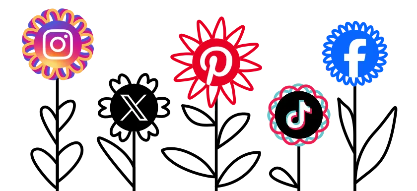 Ilustracja przedstawia pięć kwiatów stojących obok siebie w szeregu. Zaczynając od lewej strony, na kolejnych kwiatach w miejscu słupków kwiatowych umieszczono następujące logotypy: Instagram, X, Pinterest, TikTok oraz Facebook.