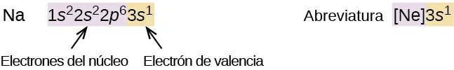 Esta figura incluye el símbolo del elemento N a, seguido de la configuración de electrones del elemento. La primera parte de la configuración de electrones, 1 s superíndice 2 2 s superíndice 2 2 p superíndice 6, está sombreada en púrpura y está etiquetada como "electrones centrales". La última porción, 3 s superíndice 1, está sombreada en naranja y está etiquetada como "electrón de valencia". A la derecha de esta configuración aparece la palabra "Abreviatura" seguida de [ N e ] 3 s superíndice 1.