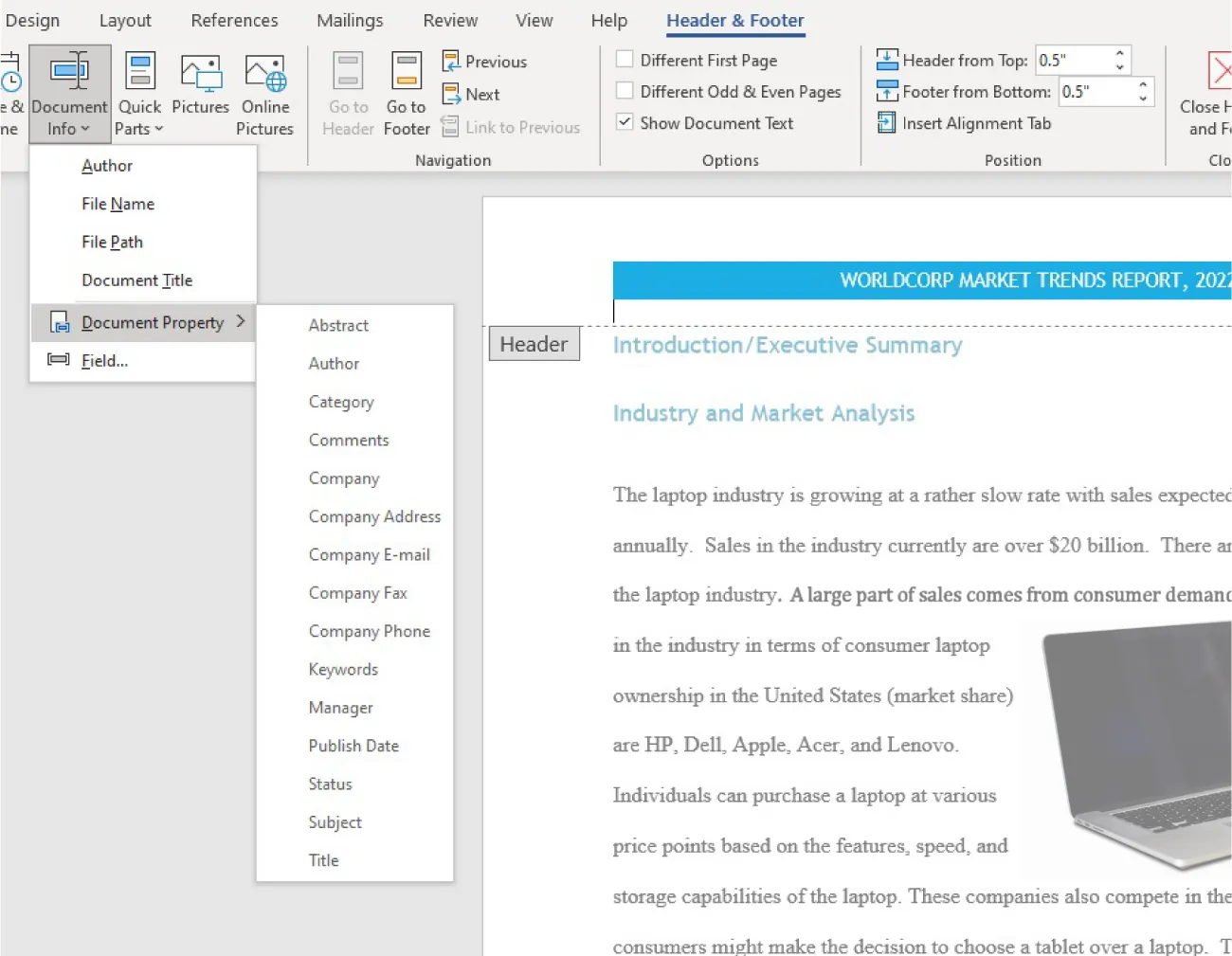 Document Info is selected, then Document Property, then an options list: Abstract, Author, Category, Comments, Company, Company Address, Company E-mail, Company fax, Company Phone, Keywords, Manager, Publish Date, Status, Subject, and Title.