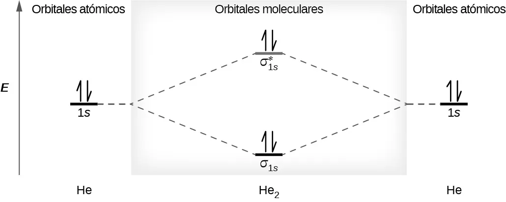 Se muestra un diagrama que tiene una flecha vertical hacia arriba que corre a lo largo del lado izquierdo con la marca "E". En la parte inferior central del diagrama hay una línea horizontal marcada como "sigma subíndice 1 s", que tiene dibujadas dos medias flechas verticales, una hacia arriba y otra hacia abajo. Esta línea está conectada a la derecha y a la izquierda por líneas punteadas hacia arriba con otras dos líneas horizontales, cada una de ellas marcada como "1 s", y cada una con una media flecha vertical hacia arriba y otra hacia abajo. Estas dos líneas están conectadas por líneas punteadas hacia arriba con otra línea en el centro del diagrama, pero más arriba de la primera, y marcada, "sigma subíndice 1 s superíndice asterisco". Esta línea tiene dibujada una flecha vertical hacia arriba y otra hacia abajo. Los lados izquierdo y derecho del diagrama tienen encabezados que dicen: "Orbitales atómicos", mientras que el encabezado central dice: "Orbitales moleculares". La parte inferior izquierda y derecha están marcadas como "H e", mientras que el centro está marcado como "H e subíndice 2".