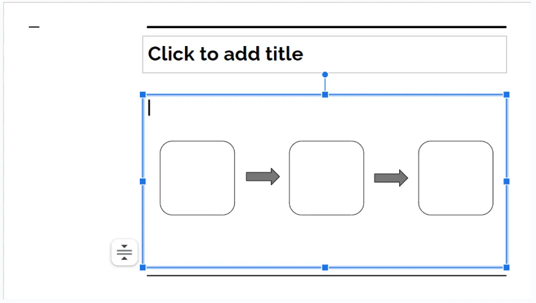 Screenshot of three rounded boxes in a row with gray arrows between them pointing to the right being inserted into a Google Slide. Sizing options are visible on the insertion box.