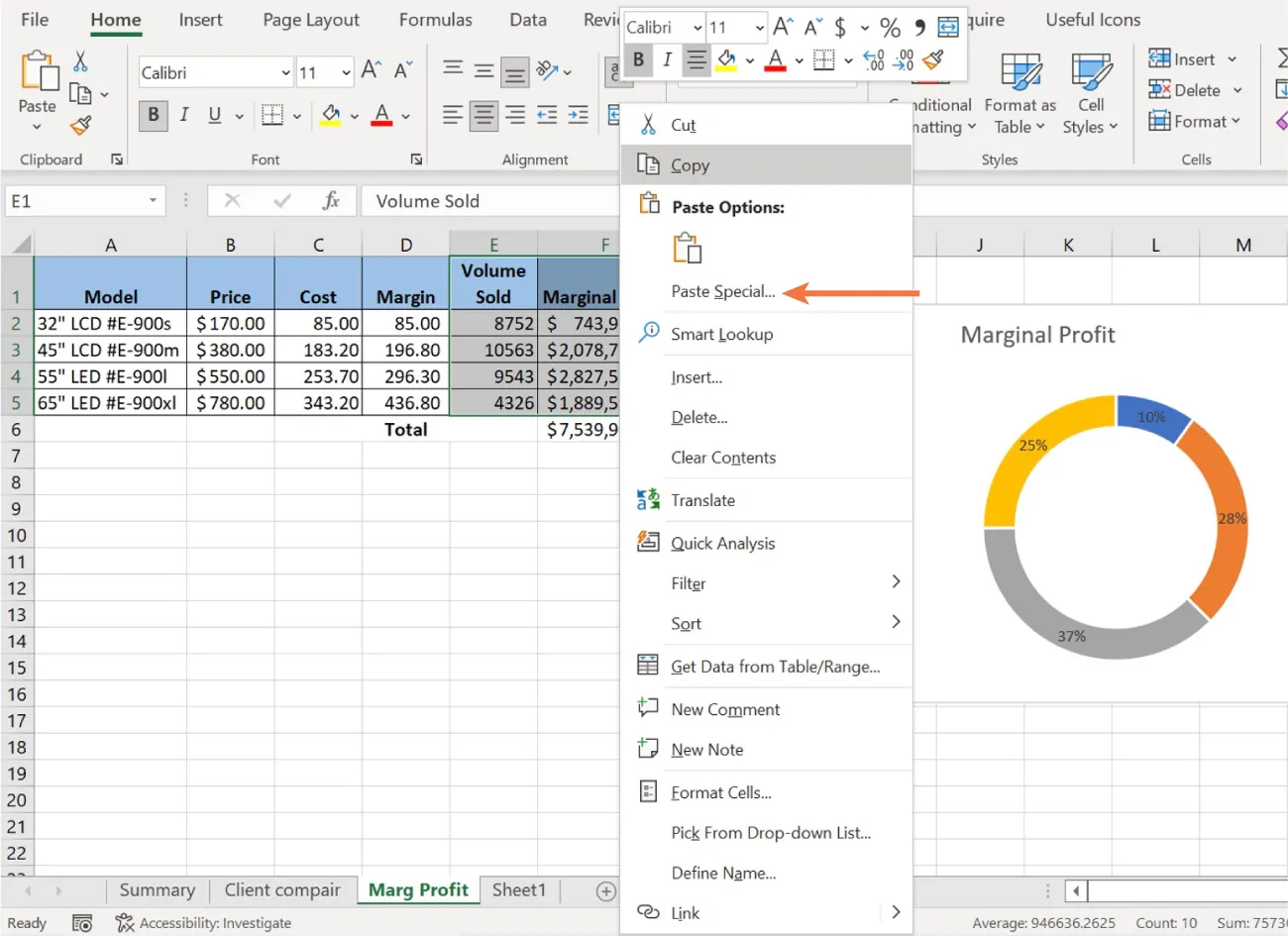 In the spreadsheet, cells E1 to F5 are visibly selected. Paste Special is selected from the open pane.