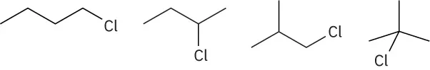 Chemical structures of 1-chlorobutane, 2-chlorobutane, 1-chloro-2-methylpropane, and t-butylchloride.