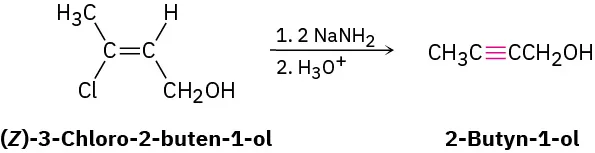 The figure shows (Z)-3-chloro-2-buten-1-ol reacts with two moles of sodium amide and hydronium ion to form 2-butyn-1-ol.