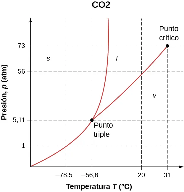 La figura muestra un gráfico de presión en atmósfera versus temperatura en grados Celsius para el dióxido de carbono. La curva sube y se dirige hacia la derecha hasta alcanzar el punto triple, que se encuentra a 5,11 atmósferas y a menos 56,6 grados Celsius. A partir de aquí, la curva se ramifica. Una rama sube casi verticalmente, la otra sube y se dirige hacia el punto crítico. Esto es a 73 atmósferas y 31 grados Celsius. La zona a la izquierda de la rama vertical es sólida, la zona entre dos ramas es líquida y la de la derecha de la rama derecha es vapor.