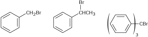 Chemical structures of benzene bonded to methyl bromide, benzene bonded to ethyl bromide ethyl C 1, and carbon bonded to three benzene rings and a bromine.