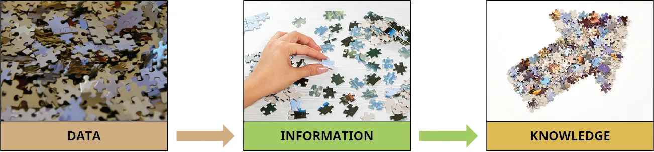 Image of puzzle pieces (Data), leading to person working on puzzle (Information), leading to puzzle pieces in the shape of an arrow (Knowledge).