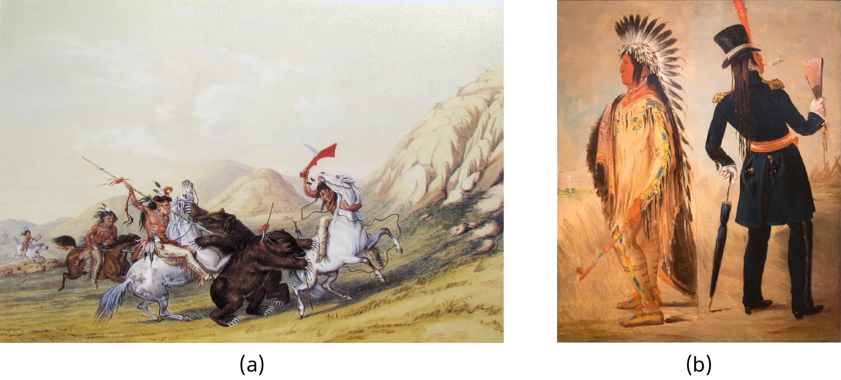 Painting (a) depicts a group of mounted Native Americans on a grizzly bear hunt. Painting (b) shows a Native American chief in two modes of dress: he is clothed in the native fashion, including a feathered headdress, on the left, and wearing a fully western outfit, including top hat, on the right.