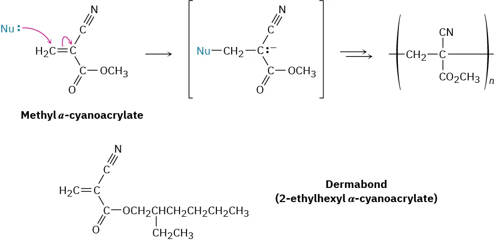 Methyl alpha cyanoacrylate reacts with a nucleophile with lone pair to give an intermediate, that forms a polymer. The figure below shows the structure of dermabond, 2-ethylhexyl alpha cyanoacrylate.