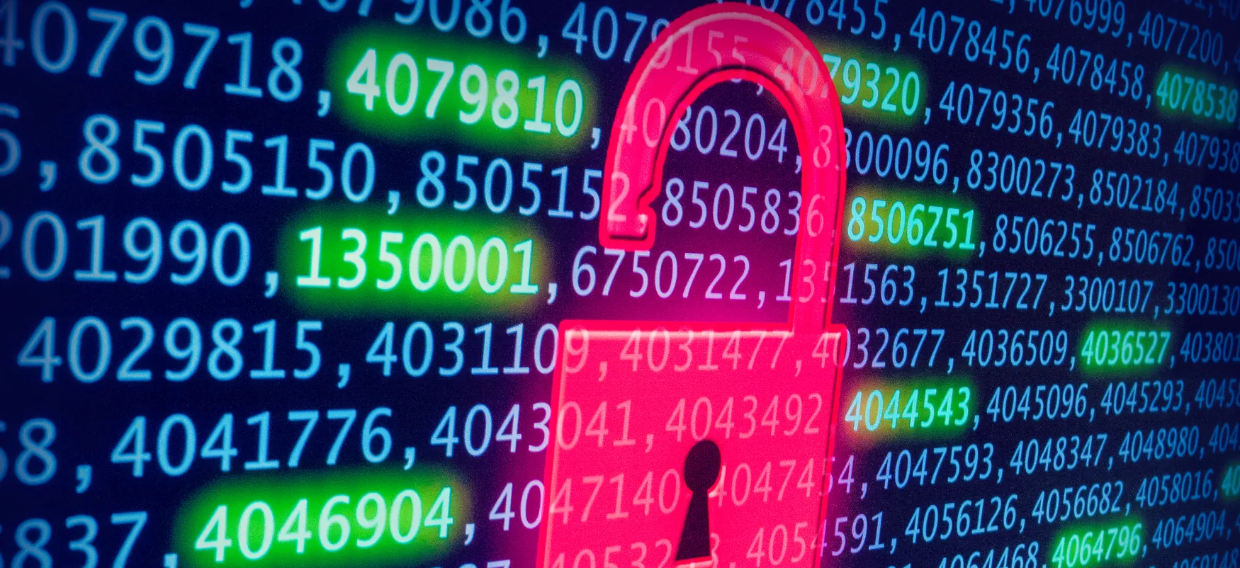 A computer screen with lines of random numbers (some highlighted), with a large, red, unlocked padlock in the middle.