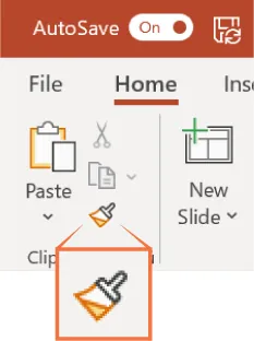 In PowerPoint, the Format Painter icon (a paintbrush) from the Clipboard command group is enlarged for view.