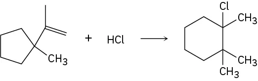 Cyclopentane bonded to a methyl group and C2 of propene reacts with hydrogen chloride to form 1-chloro-1,2,2-trimethylcyclohexane.