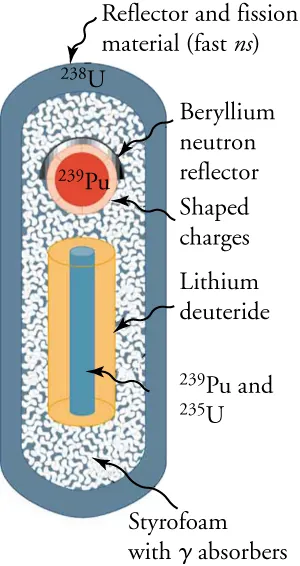 The figure shows schematic of a fusion bomb, in the shape of a closed cylinder. The outer portion has reflector and fission material and the inner portion has Styrofoam with gamma absorbers. The Styrofoam contains the shape charges, beryllium neutron reflector, lithium deuteride and the plutonium and uranium.