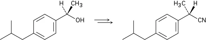 Structure of (1R)-1-(4-isobutylphenyl)ethanol separated from structure of (2S)-2-(4-isobutylphenyl)propanenitrile by two reaction arrows.