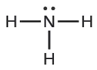 The Lewis structure of an ammonia molecule (NH3), showing a central nitrogen atom bonded to three hydrogen atoms and a lone pair of electrons on the nitrogen.