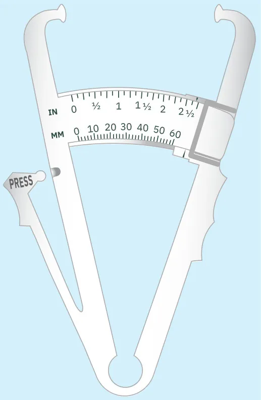 A white body fat caliper, featuring measurement scales in both inches (IN) and millimeters (MM), against a light blue background. A 'PRESS' button is visible on the left side.