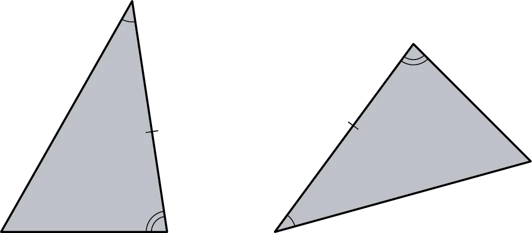 Two triangles. The top angle of the first triangle and the bottom-left angle of the second triangle are congruent. The bottom-right angle of the first triangle is congruent to the top angle of the second triangle. The right side of the first triangle is congruent with the left side of the second triangle.