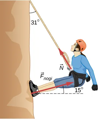 Alpinistka zwisa na linie zapierając się nogami o skałę. Lina tworzy kąt 31 stopni z pionem. Nogi alpinistki są wyprostowane i tworzą kąt 15 stopni z poziomem. Siła naciągu nici N jest przyłożona do alpinistki i skierowana w górę wzdłuż liny. Siła F sub nóg jest przyłożona do skały i skierowana wzdłuż nóg alpinistki.