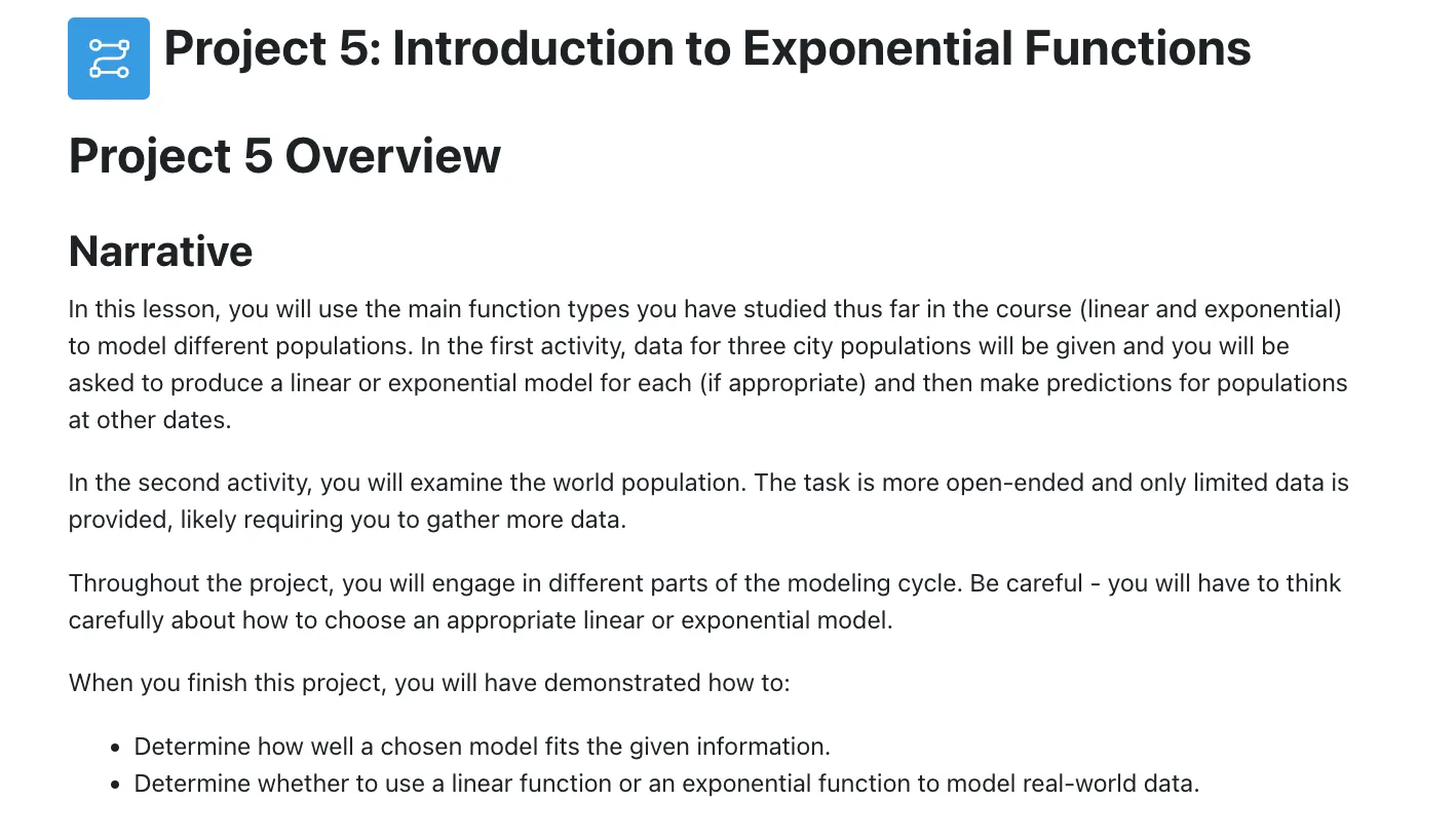 A screenshot from the curriculum showing student directions for a project exploring applications of exponential functions in the real world.