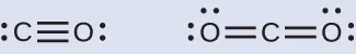 Se muestran dos estructuras de Lewis. La izquierda muestra un carbono con enlace tripe a un oxígeno, cada uno con un par solitario de electrones. La estructura de la derecha muestra un carbono doblemente enlazado a un oxígeno en cada lado. Cada oxígeno tiene dos pares solitarios de electrones.