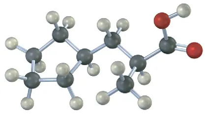 A ball-and-stick model of a three-carbon chain with a carboxyl end. There is a methyl on C 2 and a cyclopentane on C 3.
