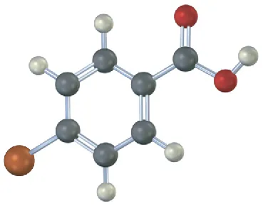A ball-and-stick model of a benzene ring with a carboxyl group and a bromine para to the carboxyl.
