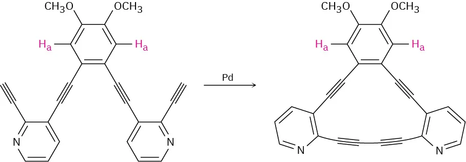 Benzene bonded to two methoxy and two ethyne chains. C 2 of each ethyne is bonded to position 3 of a pyridine ring where position 2 of that ring is bonded to another ethyne group. Palladium catalyzes a cyclization of this compound.