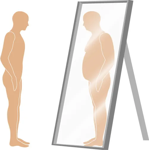 Illustration of a slim person looking in a tall mirror and seeing the reflection as a heavier person.