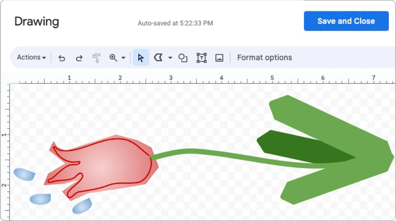 Drawing pane is visible with options for Actions drop-down, Undo, Redo, Paint Format, Zoom, Select, Polyline, Shape, Text Box, Image, and Format Options. A tulip is drawn sideways in the window.