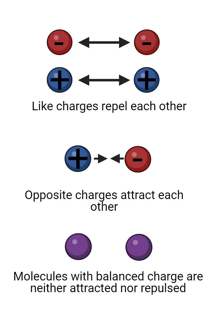 Cartoon showing charge attraction/repulsion