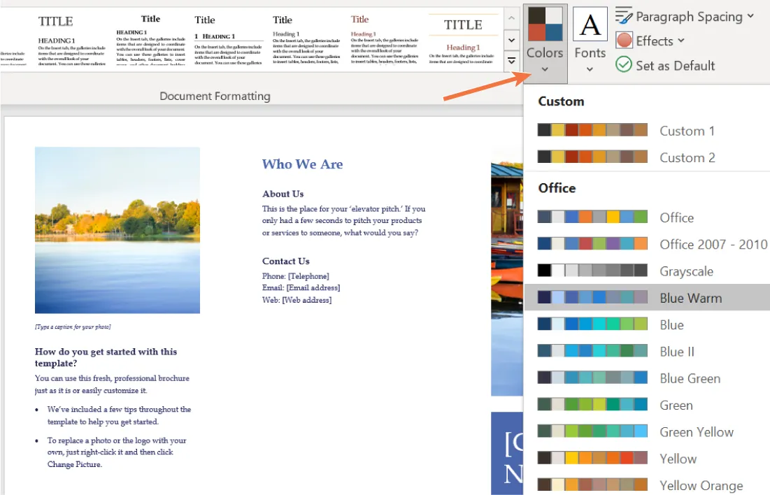 Colors button is selected and opens to options Custom (options visible) and Office (lists a variety of color palettes with labels). The Blue Warm palette is selected.