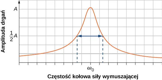 Wykres amplitudy w funkcji prędkości kątowej. Krzywa jest symetryczna i ma szczyt z maksymalną amplitudą A przypadającą dla częstości oznaczonej jako omega sub zero. Zaznaczono szerokość krzywej w punktach, gdzie wartość amplitudy wynosi jedną drugą A po obu stronach maksimum.