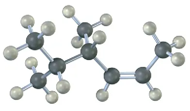 A ball-and-stick model that has a 6-carbon chain with a double bond between C2 and C3. C4 and C5 are each bonded to a methyl group.