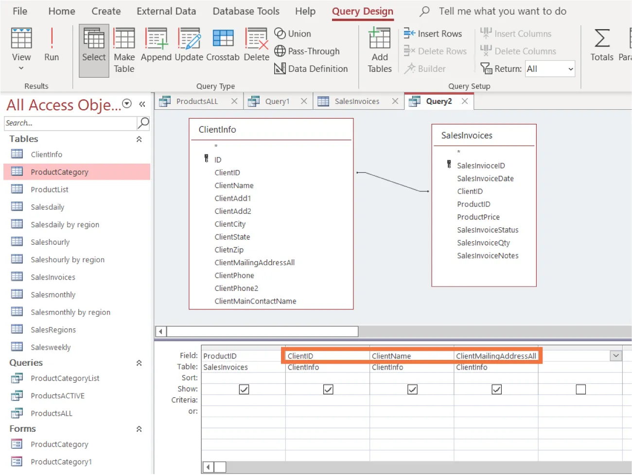 ProductCategory selected from Tables in All Access sidebar. Query2 tab displays queries for ClientInfo and SalesInvoices. Line between the tables connects ClientID. Table below highlights columns with ClientID, ClientName, and ClientMailingAddressAll.