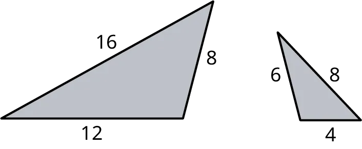 Two triangles. The sides of the first triangle are marked 16, 8, and 12. The sides of the second triangle are marked 6, 8, and 4.