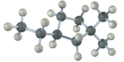 A ball and stick model has a 5-carbon ring with C1 bonded to ethyl and C3 bonded to two methyl groups. Black and gray spheres represent carbon and hydrogen, respectively.