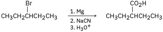 Conversion of 3-bromopentane to 2-ethylbutanoic acid through reaction first with magnesium, then sodium cyanide, then hydronium.