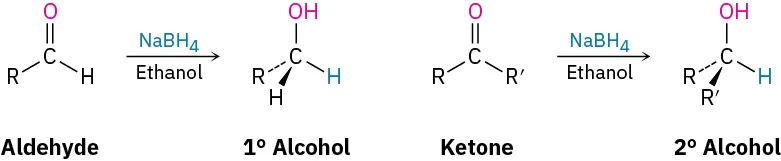 First reaction: Carbonyl in aldehyde gets reduced to primary alcohol using sodium borohydride in ethanol. Second reaction: Carbonyl in ketone gets reduced to secondary alcohol using the same reagents.