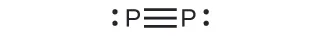 A Lewis diagram shows two phosphorus atoms triple bonded together each with one lone electron pair.