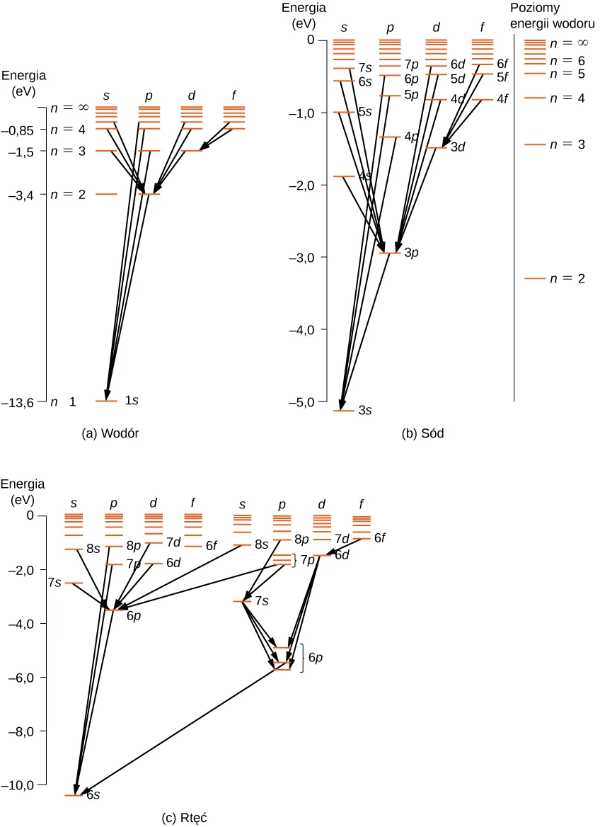 Diagram poziomów energetycznych dla wodoru, sodu i rtęci przedstawiony został jako poziome. Przejścia są pokazane jako strzałki narysowane pomiędzy poziomami energetycznymi. Linie odnoszące się do przejść na tę samą podpowłokę (s, p, d, etc) tworzą kolumny, zaś odnoszące się do przejść na różne podpowłoki nie tworzą kolumn. Oś pionowa odnosi się do wartości energii w e V. Figura a to widmo atomu wodoru. Pokazano kolumny dla podpowłok s, p, d i f. Poziom n=1 ma tylko jedną podpowłokę, t.j. stan 1 s o energii -13.6 e V. Poziom n=2 posiada podpowłoki s i p o energii -3.4 e V. Poziom n=3 ma podpowłoki s, p i d o energii -1.5 e V. Poziom n=4 ma podpowłoki s, p, d, i f o energii -0.85 e V. Wartości n dążą do nieskończoności, im wyższe n tym poziomy leżą bliżej siebie. pokazano kilka przejść energetycznych, ze stanu s o wyższym n do stanu p o n=2, ze stanu p states o wyższym n do stanu 1 s ze stanu d o wyższym n do stanu 2 p, ze stanu f o wyższym n do stanu 2 d. Figura b przedstawia widmo sodu. Dla porównania po lewej stronie rysunku przedstawiono stany energetyczne wodoru od n=2 do n=6. Skala energii jest od -5.0 do 0 e V. Pokazano kolumny dla przejść do stanów s, p d i f. Odległości pomiędzy poziomami są bardziej złożonym zagadnieniem niż dla wodoru: poziomom 3 s, 3 p i 3 d odpowiadają różne wartości energii: 3 s znajduje się nieco poniżej -5 e V, 3 p o energii -3 e V i 3 d o energii -1.5 e V. Inne stany dla tych samych podpowłok są rozszczepione. Podobnie jak dla wodoru pokazano przejścia, do stanów o niższym n, tak, aby w wyniku przejścia podpowłoka zmieniała się o jeden, z f do d, z d do p, z s do p, etcetera. Figura c przedstawia widmo rtęci. Skala energii jest od -10.0 do 0 e V. Pokazano stany s, p, d, f dla n=6. Podobnie jak dla sodu, stany o różnych l (czyli dla różnych podpowłok) ale tej samej głównej liczbie kwantowej n mają różne wartości energii. Widzimy, że stany te ulegają dalszemu rozszczepieniu. Stany 6 p (tak zwane stany trypletowe) rozszczepiają się na trzy o energiach leżących blisko siebie ale wyraźnie różniących się od siebie. Stan 7 p również rozszczepia się na trzy linie.