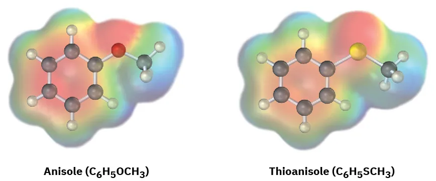 The ball-and-stick model with electrostatic potential maps of anisole (methoxybenzene) and thioanisole ([methylsulfanyl]benzene).